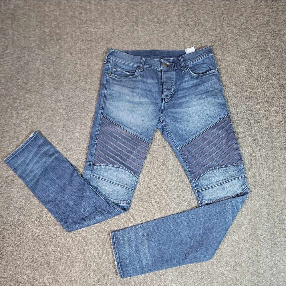 True Religion Rocco Relaxed Skinny Moto Jeans Men 30 Blue Stretch Biker Denim .
